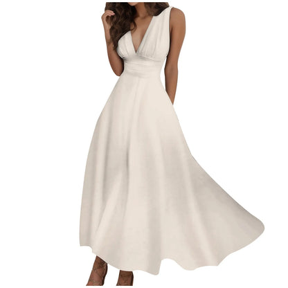 Women's Casual Sundress Solid Color Sleeveless V Neck Side Zipper Long Dress Elegant Sundress