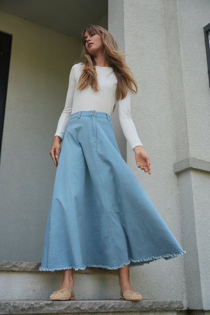 Maxi Denim A Line Fringe Skirt