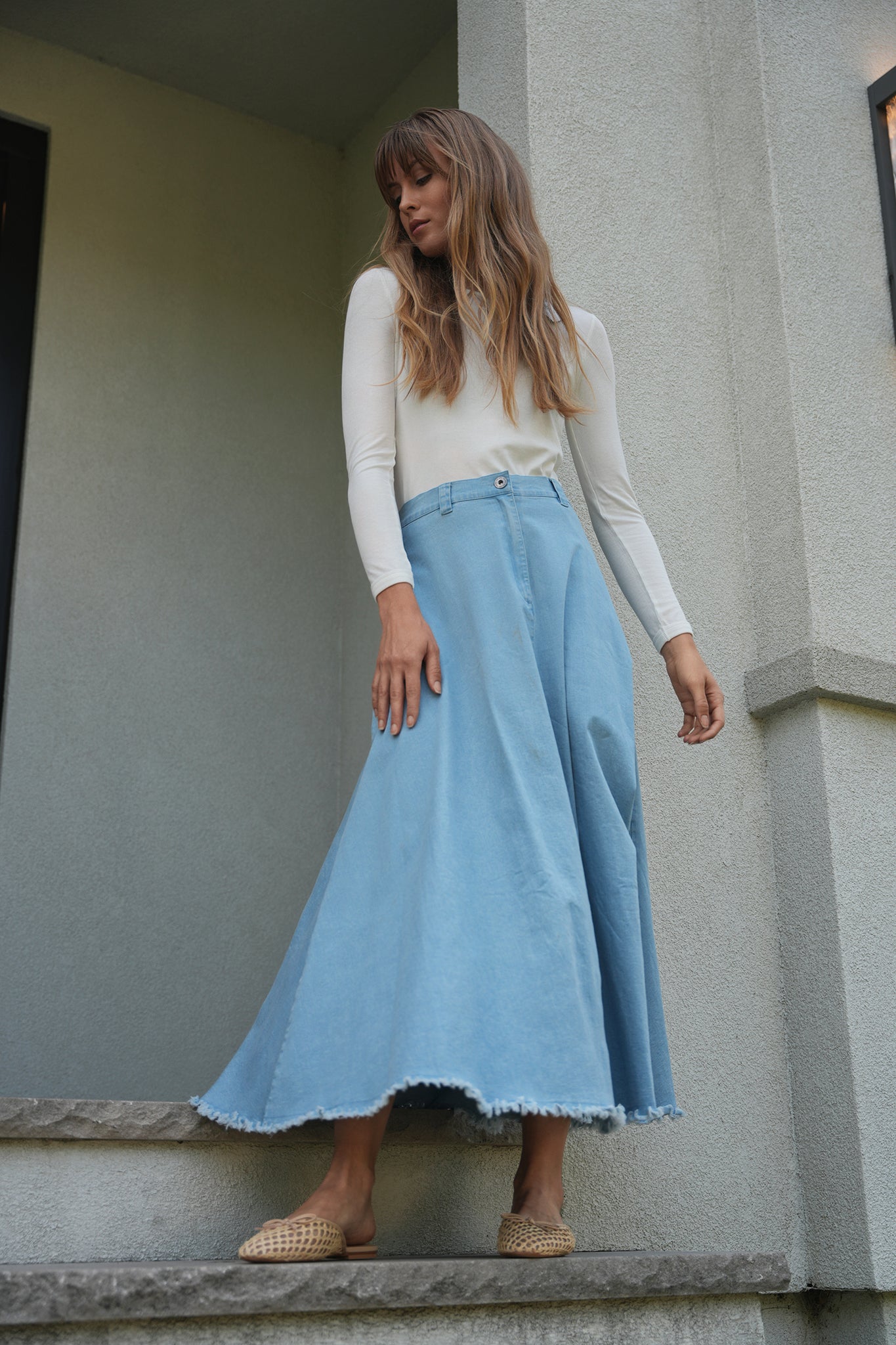 Maxi Denim A Line Fringe Skirt