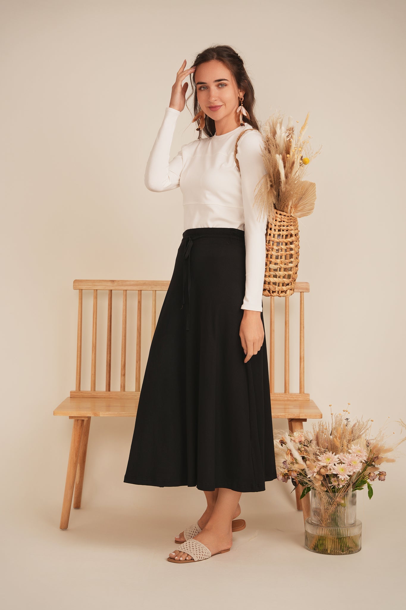 Ribbed Midi Drawstring A Line Skirt