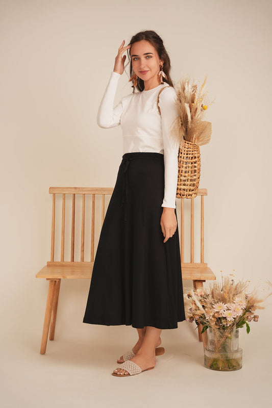 Ribbed Midi Drawstring A Line Skirt