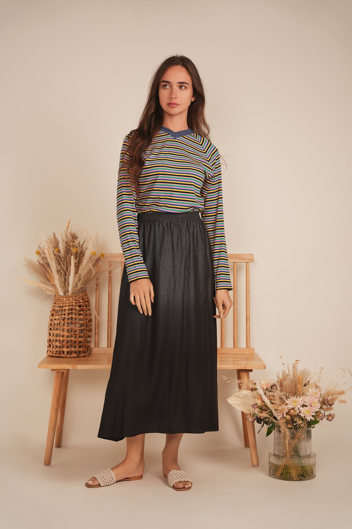 Stripped V Neck Raglan Tee