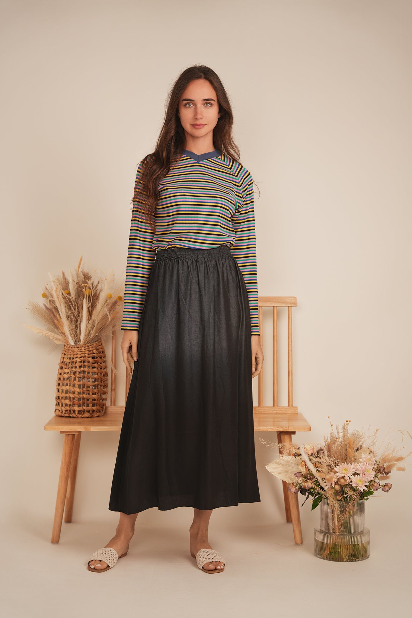 Stripped V Neck Raglan Tee