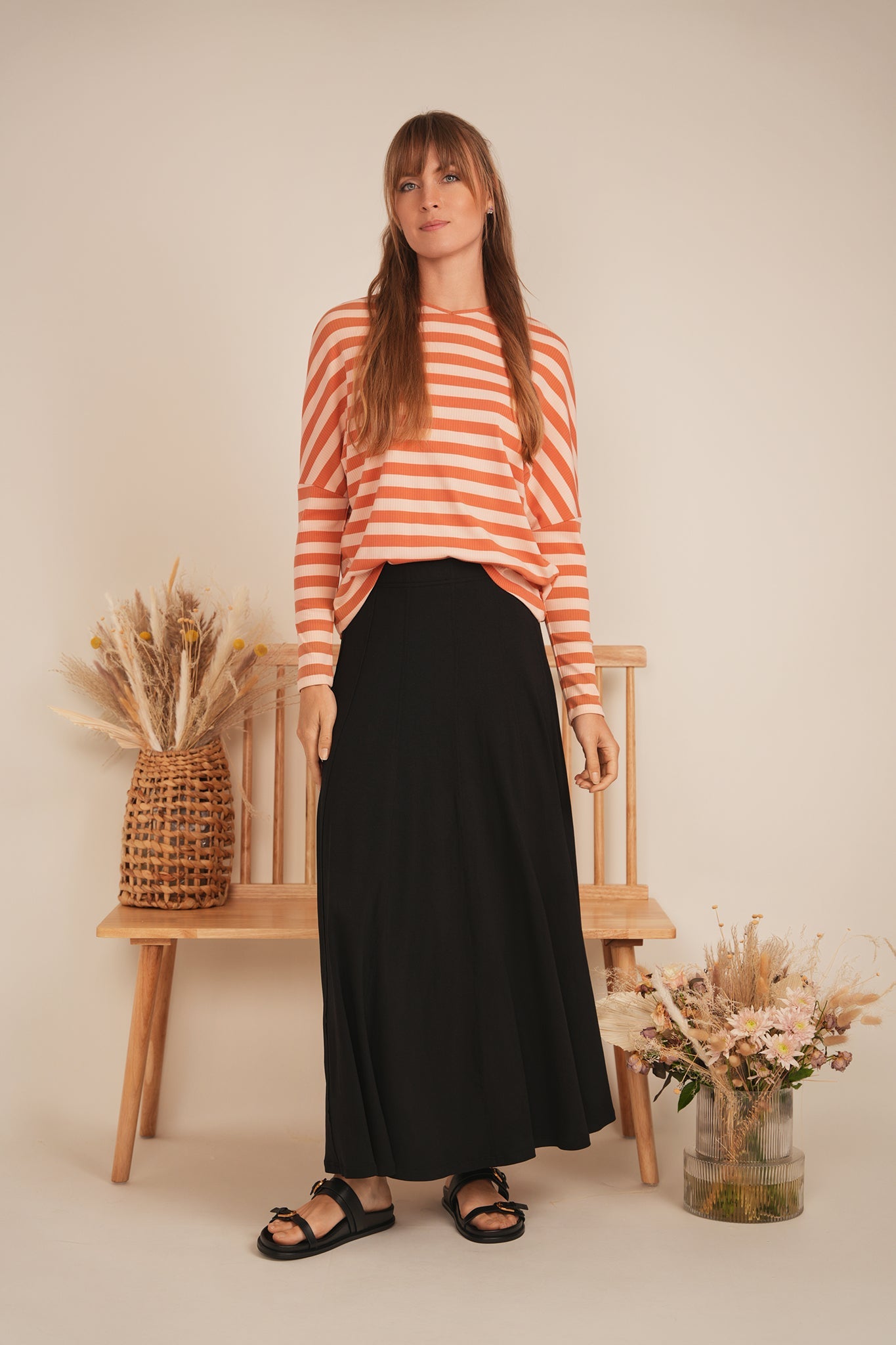 Cotton Striped V Neck Top