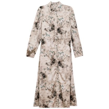 Printed Satin Belted Shirt Dress