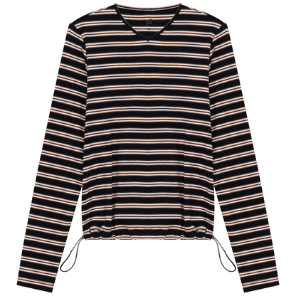 Ribbed Striped V Neck Tee With Bungee Rope
