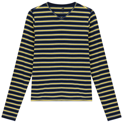 Ribbed Striped V Neck Tee With Bungee Rope