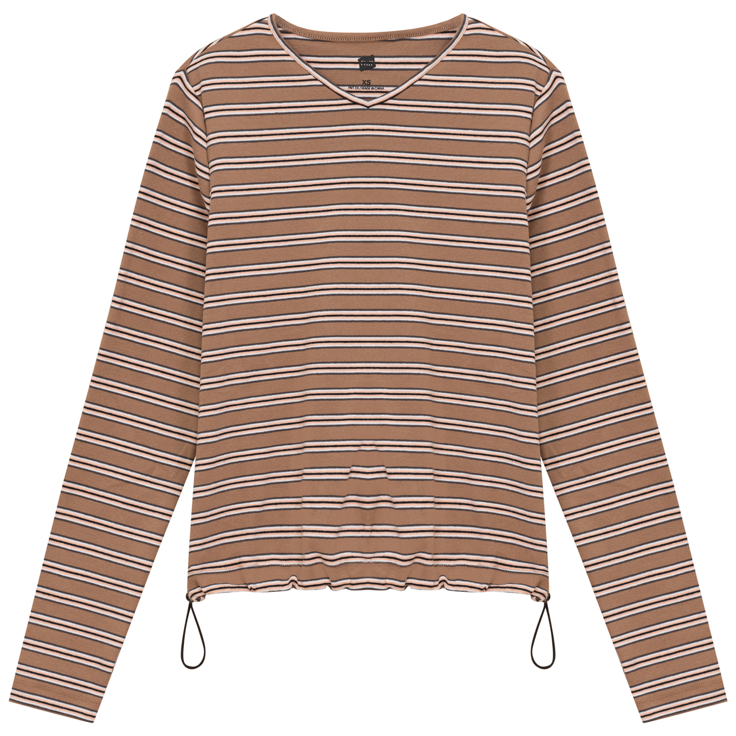 Ribbed Striped V Neck Tee With Bungee Rope