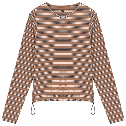 Ribbed Striped V Neck Tee With Bungee Rope