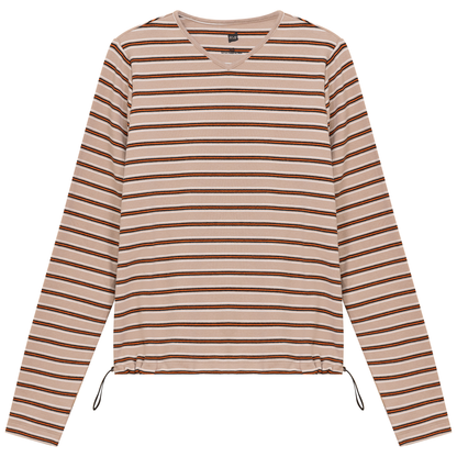 Ribbed Striped V Neck Tee With Bungee Rope