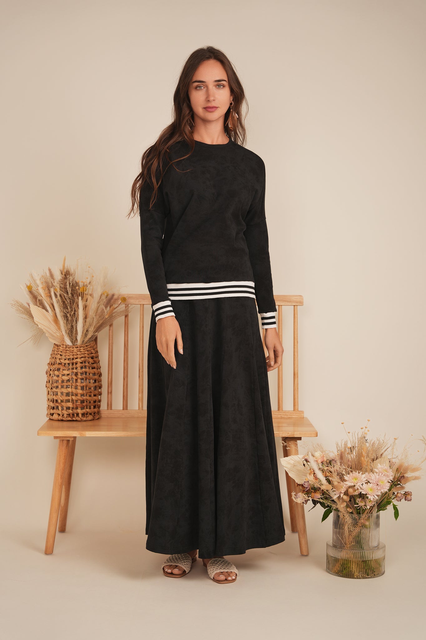 Paneled Acid Wash Maxi Skirt