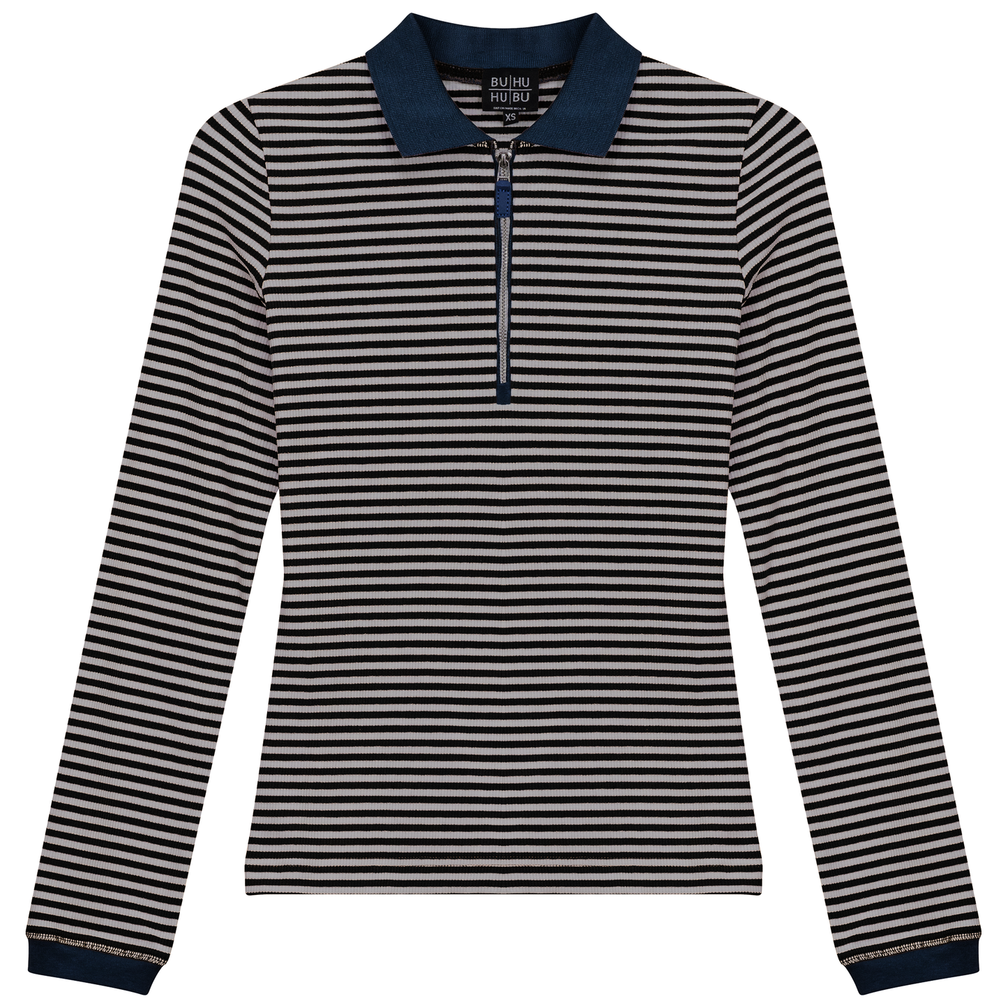 Stripped Ribbed Zipper Henley Tee