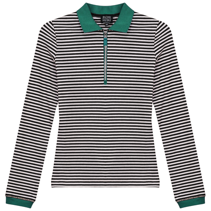 Stripped Ribbed Zipper Henley Tee
