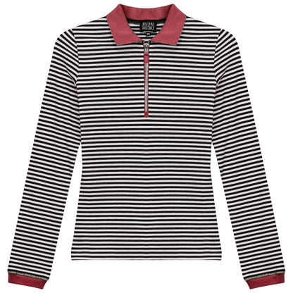 Stripped Ribbed Zipper Henley Tee