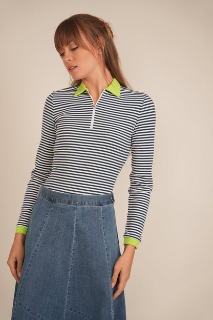 Stripped Ribbed Zipper Henley Tee