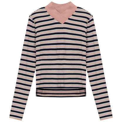 Cropped Striped V Neck Tee