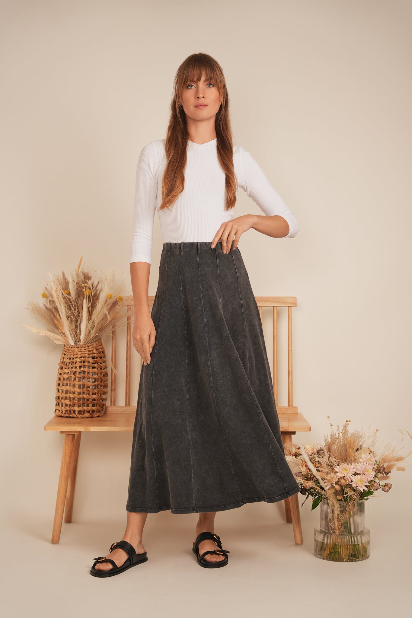 Mineral Wash Panel Midi Skirt