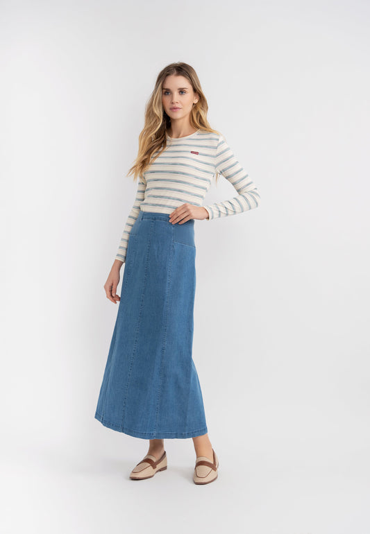 Stretch Denim Paneled Skirt