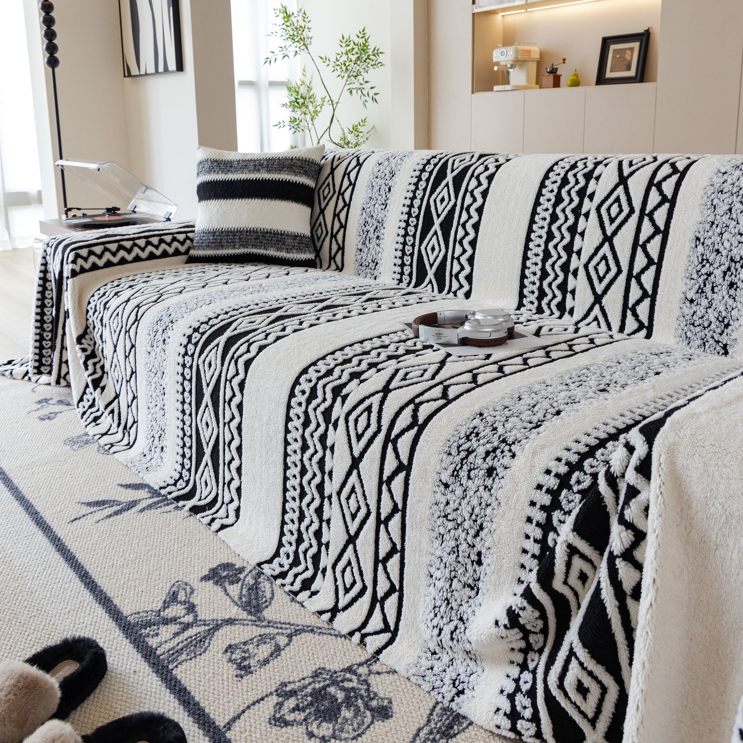 Bohemian Tufted Sofa Cover, Plush Sherpa Throw Blanket with 3D Woven Aztec Stripes