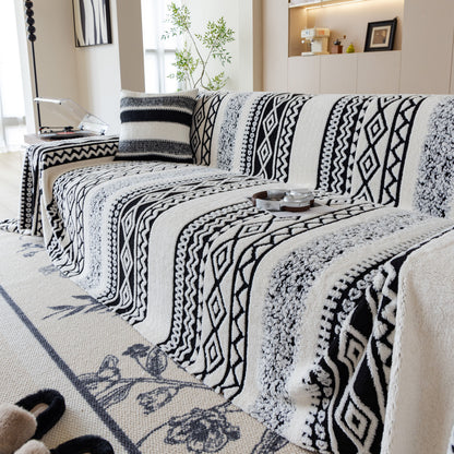 Bohemian Tufted Sofa Cover, Plush Sherpa Throw Blanket with 3D Woven Aztec Stripes