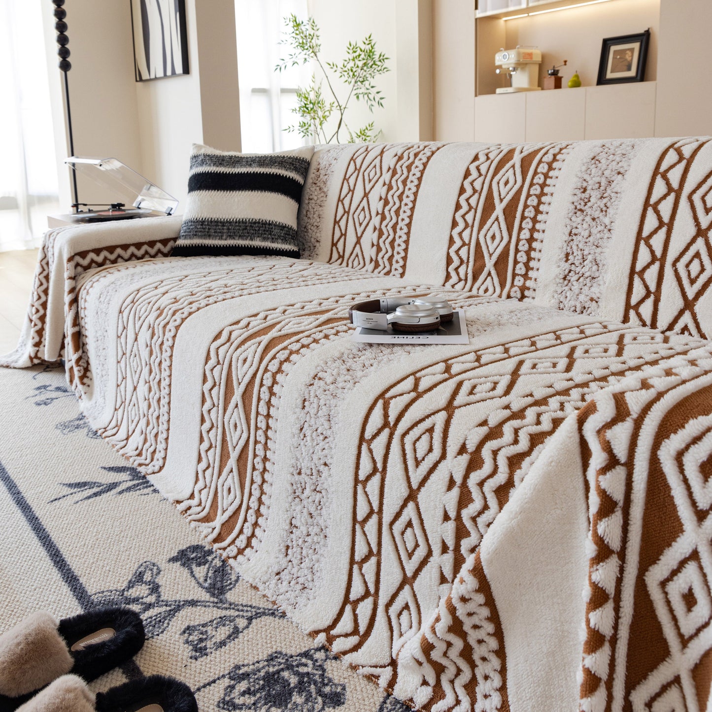 Bohemian Tufted Sofa Cover, Plush Sherpa Throw Blanket with 3D Woven Aztec Stripes