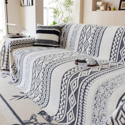 Bohemian Tufted Sofa Cover, Plush Sherpa Throw Blanket with 3D Woven Aztec Stripes