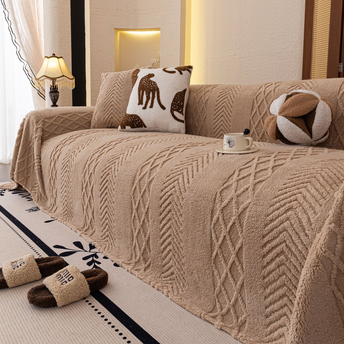 Plush Sherpa Fleece Sofa Cover with 3D Cable Knit Texture, Soft Cozy Throw Blanket