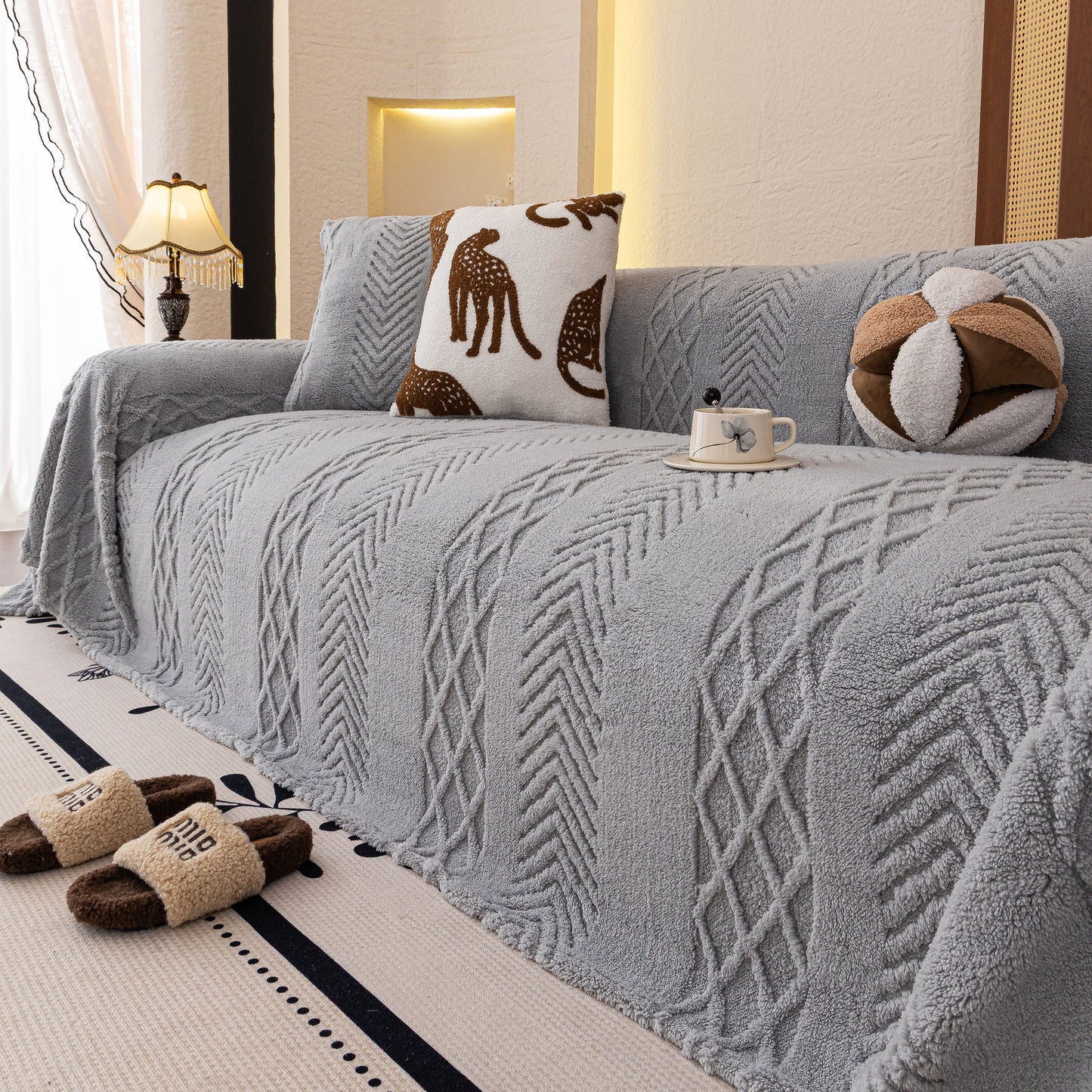 Plush Sherpa Fleece Sofa Cover with 3D Cable Knit Texture, Soft Cozy Throw Blanket