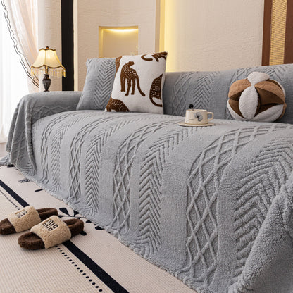 Plush Sherpa Fleece Sofa Cover with 3D Cable Knit Texture, Soft Cozy Throw Blanket