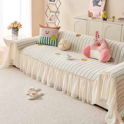 Cute Dotted Stripe Couch Protector, Non-Slip Washable Sofa Cover with Ruffled Skirt