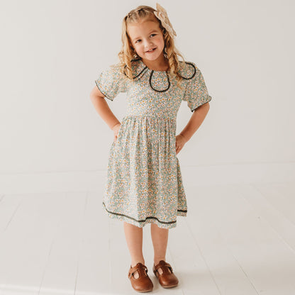 Green Floral Printed Dress with Lace Detail