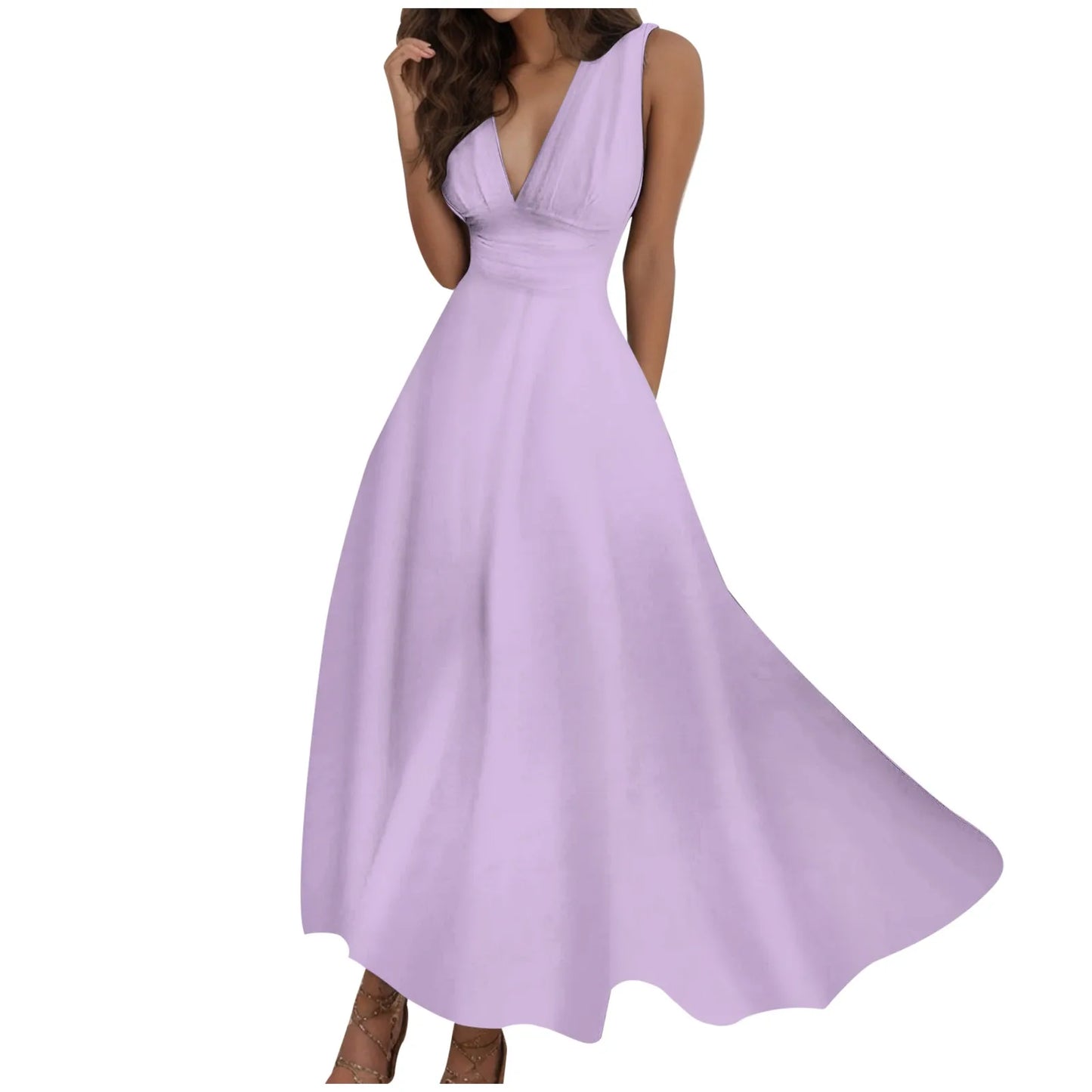 Women's Casual Sundress Solid Color Sleeveless V Neck Side Zipper Long Dress Elegant Sundress