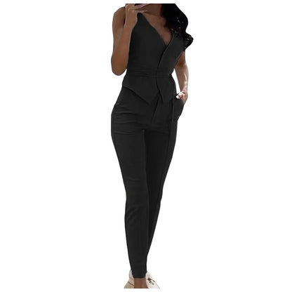 Elegant Pantsuit Set 2 Piece Solid V-Collar Top and Trousers for Women's Fashion Streetwear Summer Outfit