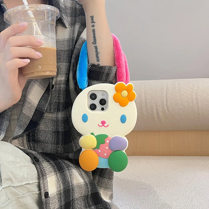 Rainbow Bunny Rabbit Soft Silicone Case 3D Cartoon Shockproof Cover With Strap Ear Phone Case