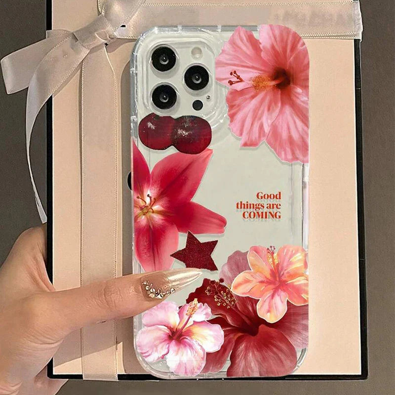 Cherry Flower Print Clear Phone Case