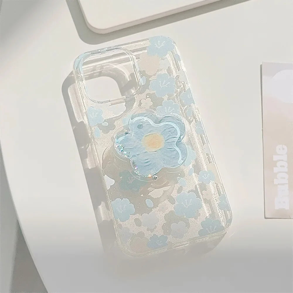 Luxury Clear Glitter Flower With Bracket Holder Phone Case