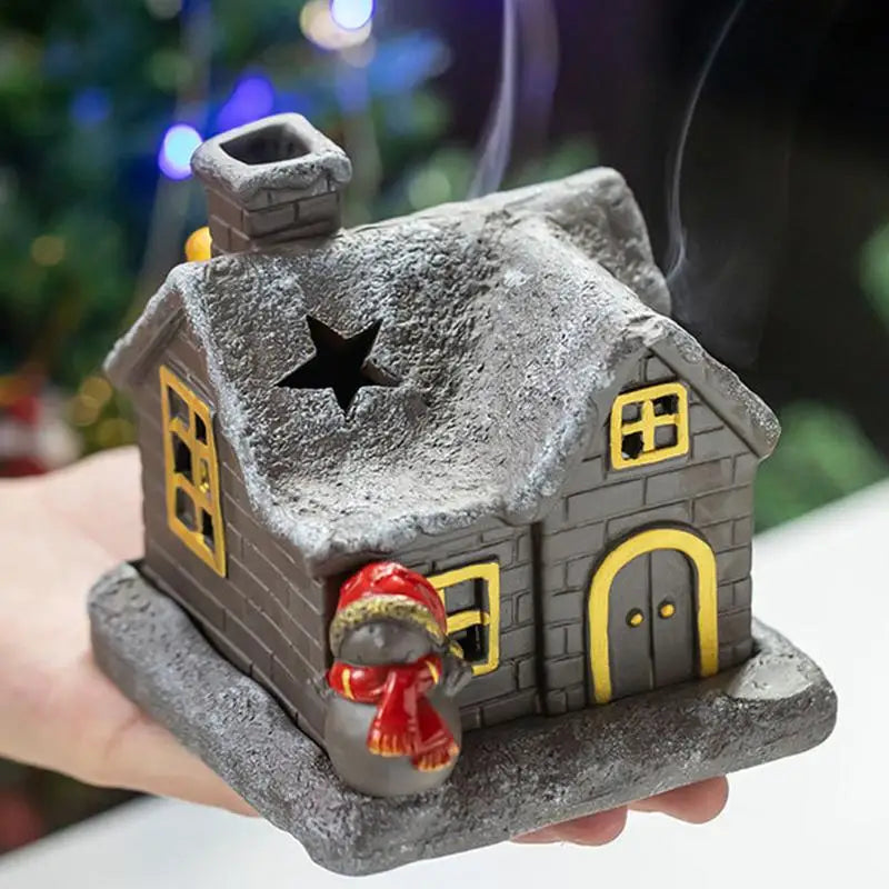 Christmas House Incense Burner - Ceramic Aroma Cone Burner with Chimney Design and Ash Catcher for Table Décor
