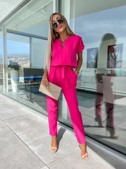 Women's Summer Jumpsuit Solid Color Short Sleeve V-neck Pocket Lace-up Pencil Long Pants