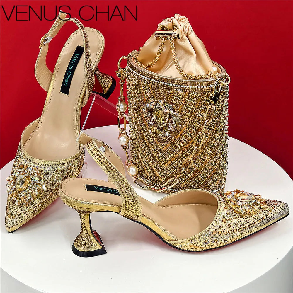 Women Shoes and Bag Set With Rhinestone Handbag