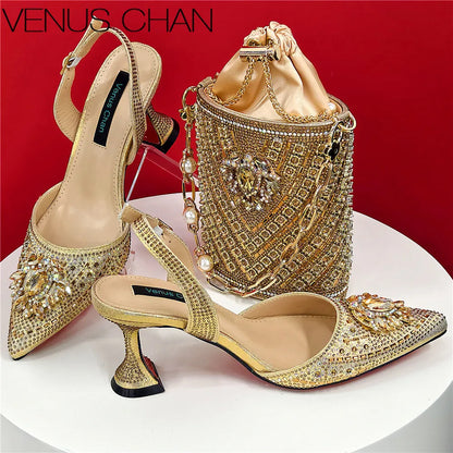 Women Shoes and Bag Set With Rhinestone Handbag