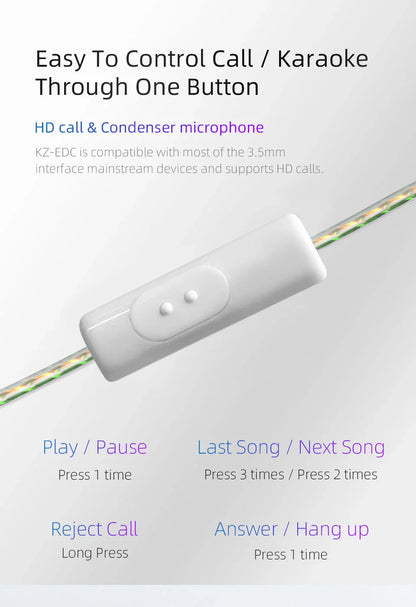 KZ EDC HiFi Earphones with Microphone Noise Cancelling In-ear Wired Headphones Sports Music Gaming Monitor Earbuds Headset