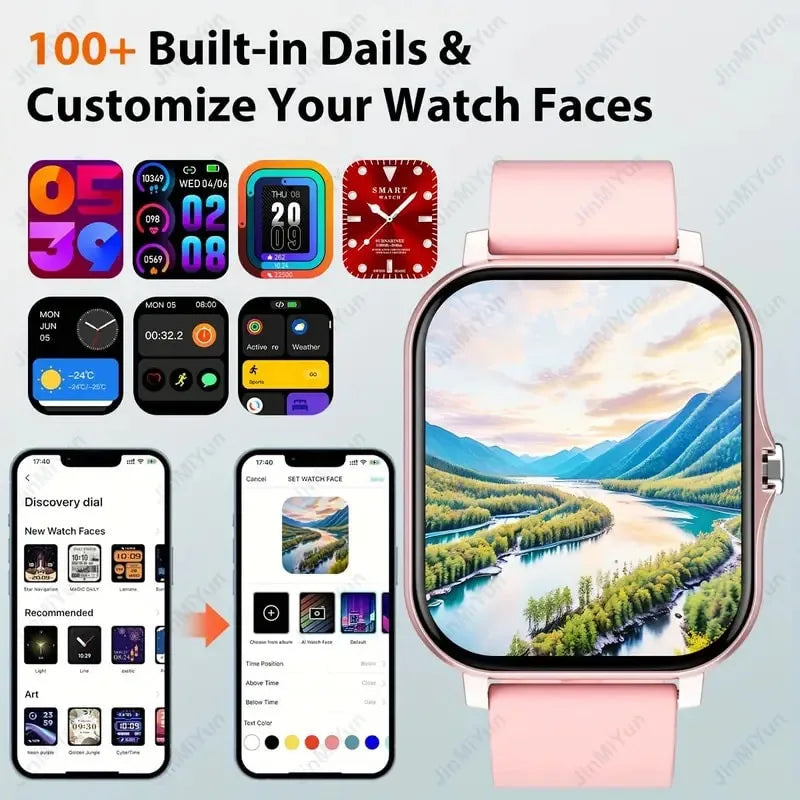 Smartwatch with customizable watch faces displayed on a smartphone app interface, featuring a scenic display.