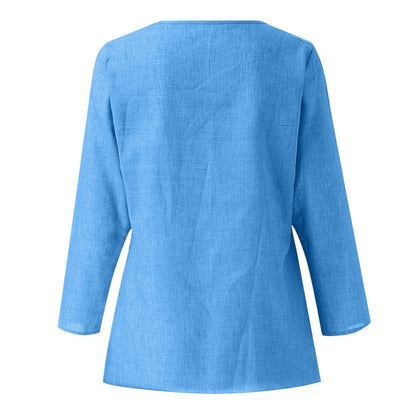 Vintage Cotton Linen Blouse Loose Blouses Summer Shirts Casual Long Sleeve Round Neck Solid Shirt