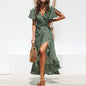 Summer Beach Maxi Dress Women Floral Print Boho Long Chiffon Ruffles Wrap Casual V-Neck Split Sexy Party Robe Femme