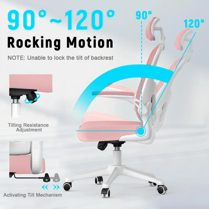 Pink Ergonomic Office Chair, Liftable High Back Gaming Chair with Lumbar Support Swivel Desk Gaming Chair Seat Depth Adjustable
