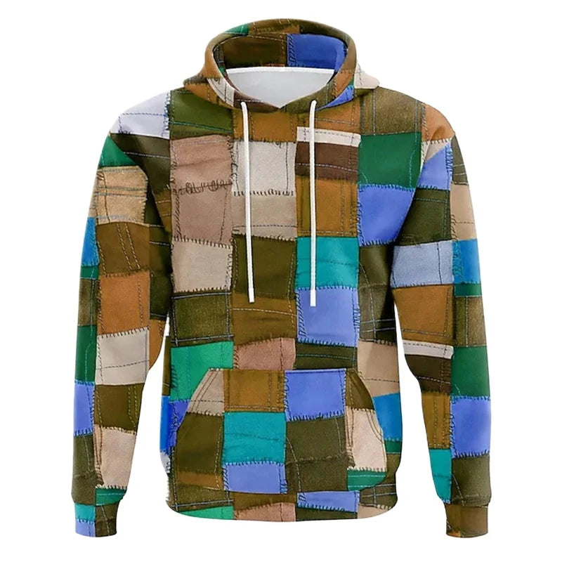 Men's hoodie 3D printed simulation sewing plaid sweatshirts fashion men's clothing