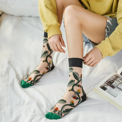 BotaniBabe Sheer Bloom Socks – Embroidered Crystal Silk Socks