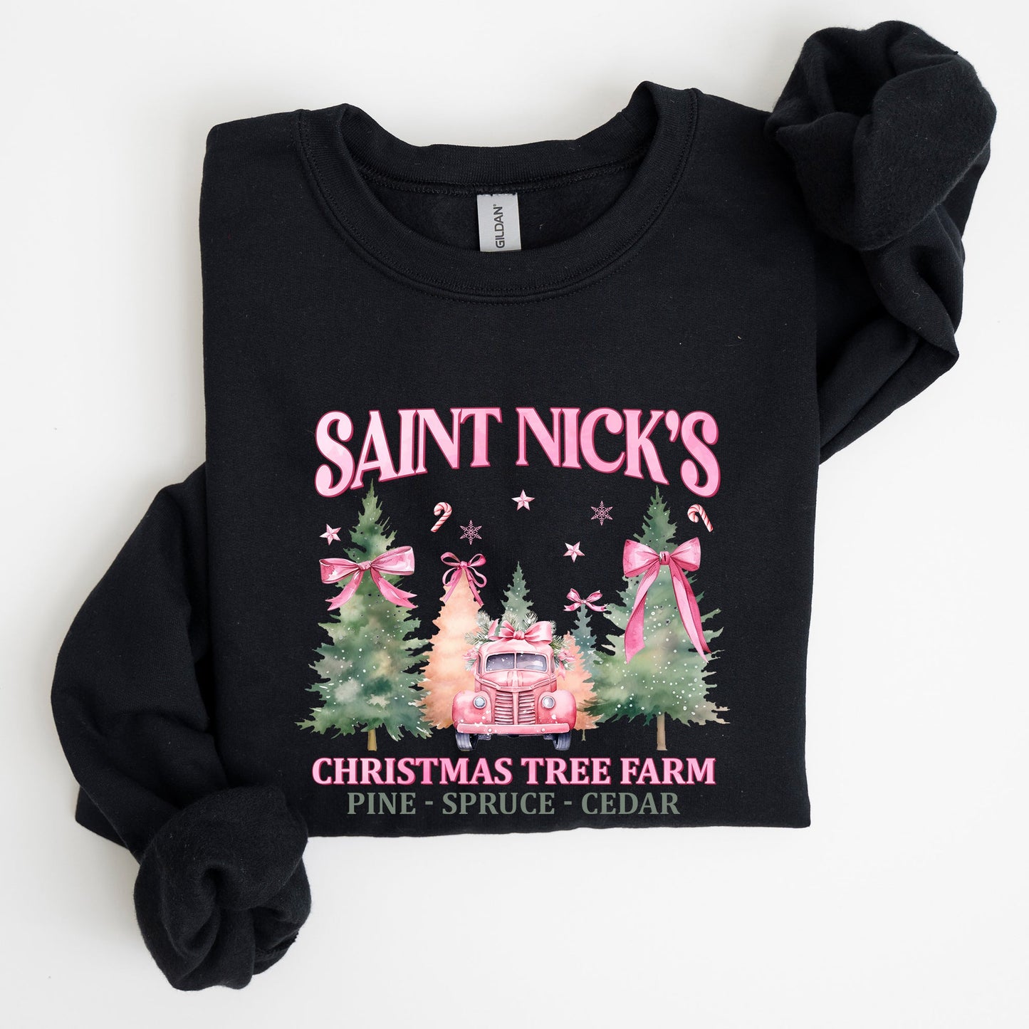 Saint Nick's Christmas Tree Farm, Retro, Winter, Santa, Snow, Xmas Sweatshirt