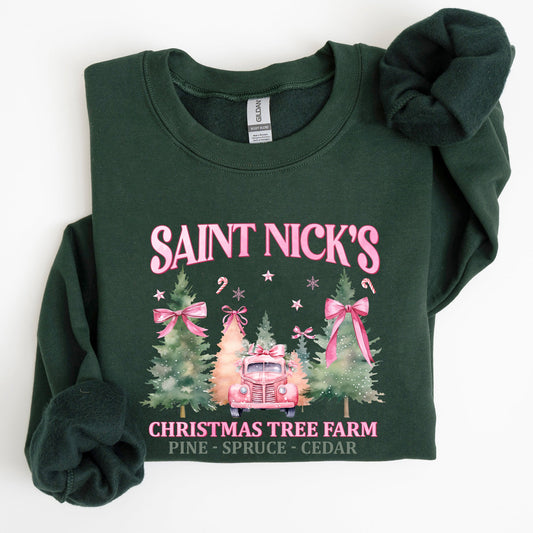 Saint Nick's Christmas Tree Farm, Retro, Winter, Santa, Snow, Xmas Sweatshirt