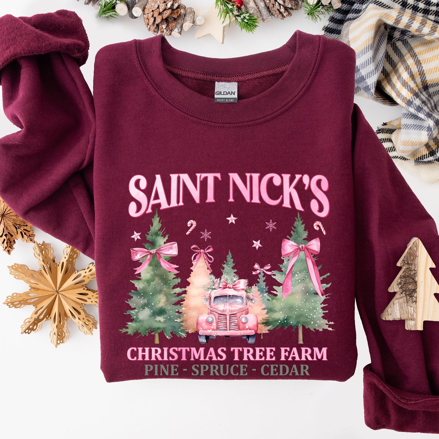 Saint Nick's Christmas Tree Farm, Retro, Winter, Santa, Snow, Xmas Sweatshirt